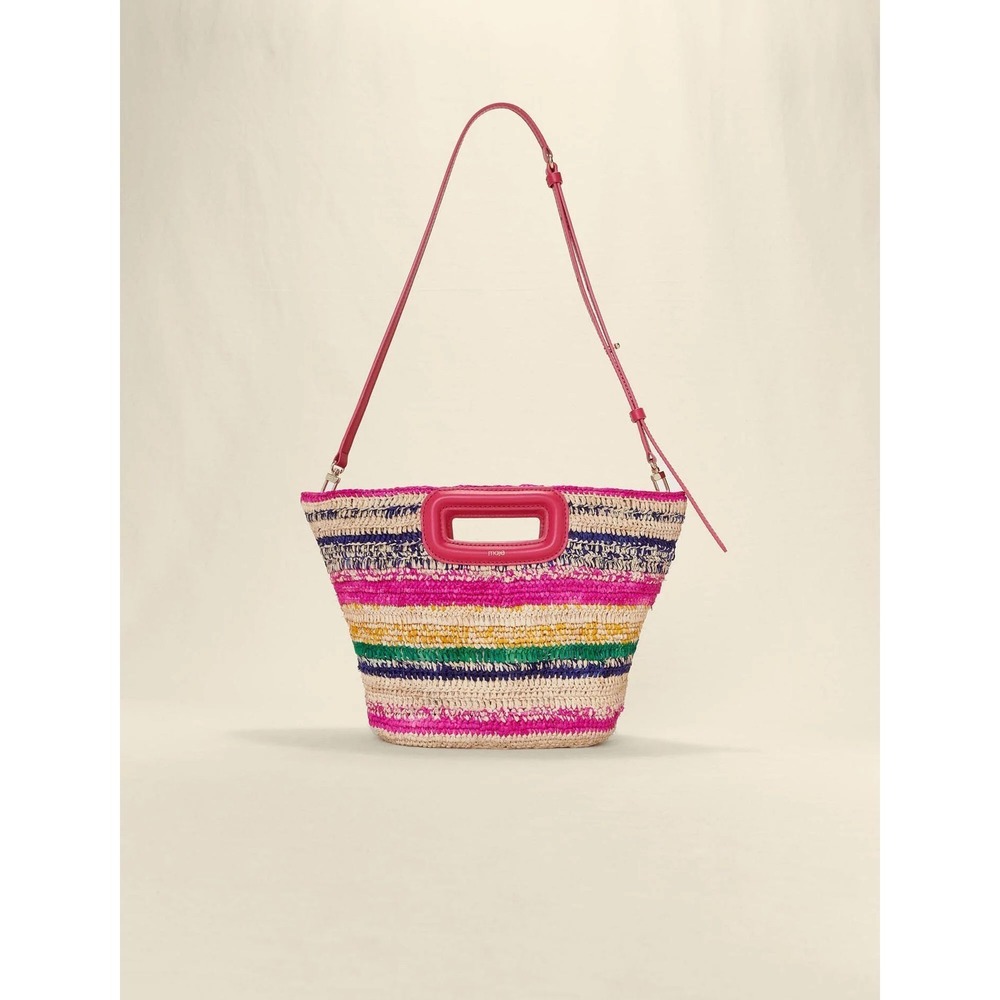 NWT $385 Maje Mini Striped Raffia Basket Bag Fuchsia Pink Leather Trim Crossbody